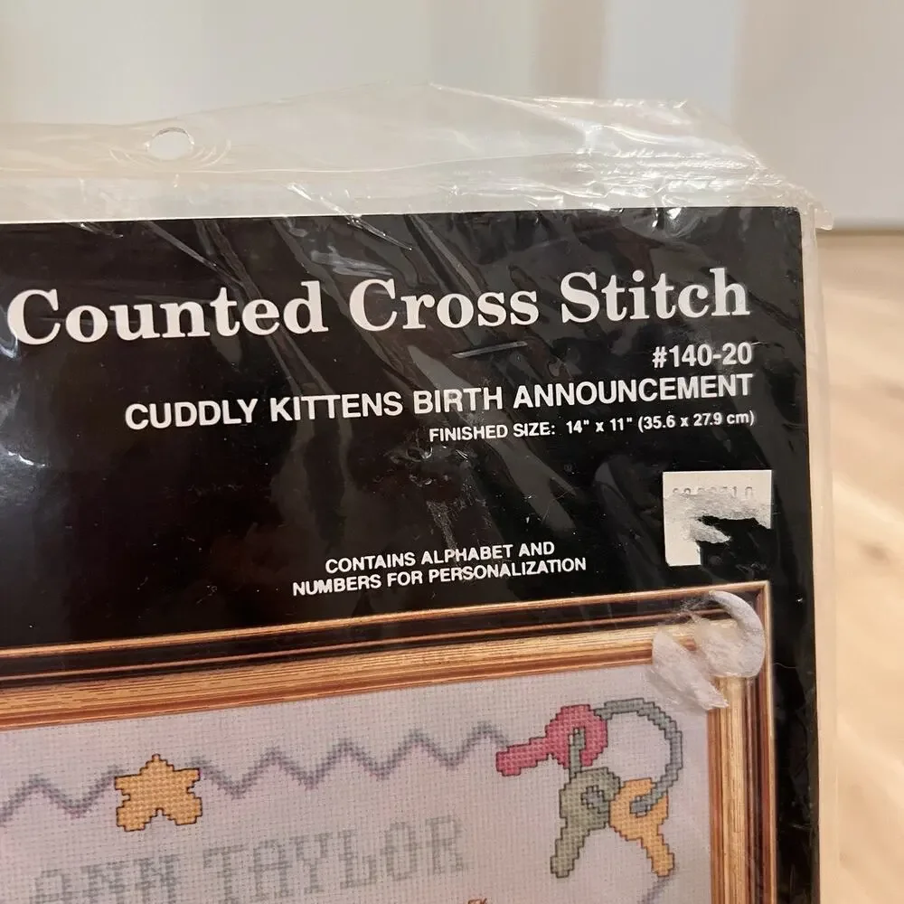 Vintage Janlynn Cross Stitch Cuddly Kittens Birth Announcement 14x11” Cat Baby